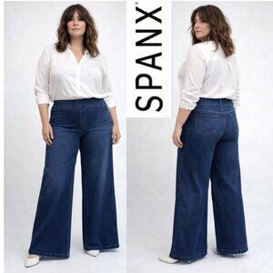 SPANX Wide Leg Pull-On Jeans High Rise Stretch Denim size 14, 1X Blue Wash
